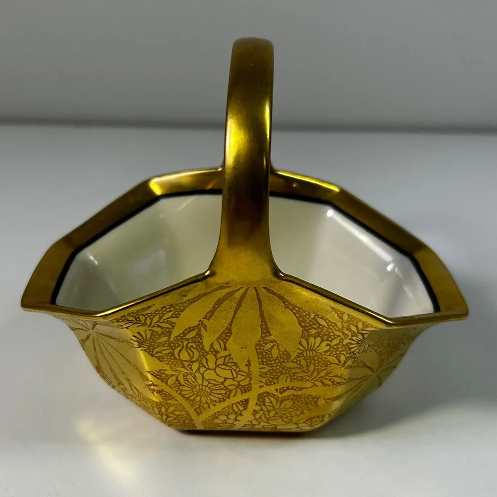 Noritake Japan Gold Encrusted Floral Porcelain Hexagon Basket  Handle Vintage